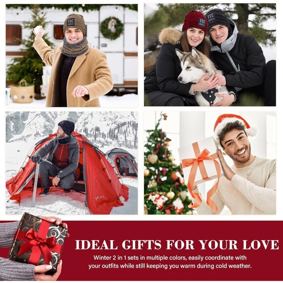 🆕 Men Red Fleece Lined Winter Cap Beanie Scarf Set Knit Neck Warmer Nice Hat - Picture 5 of 5